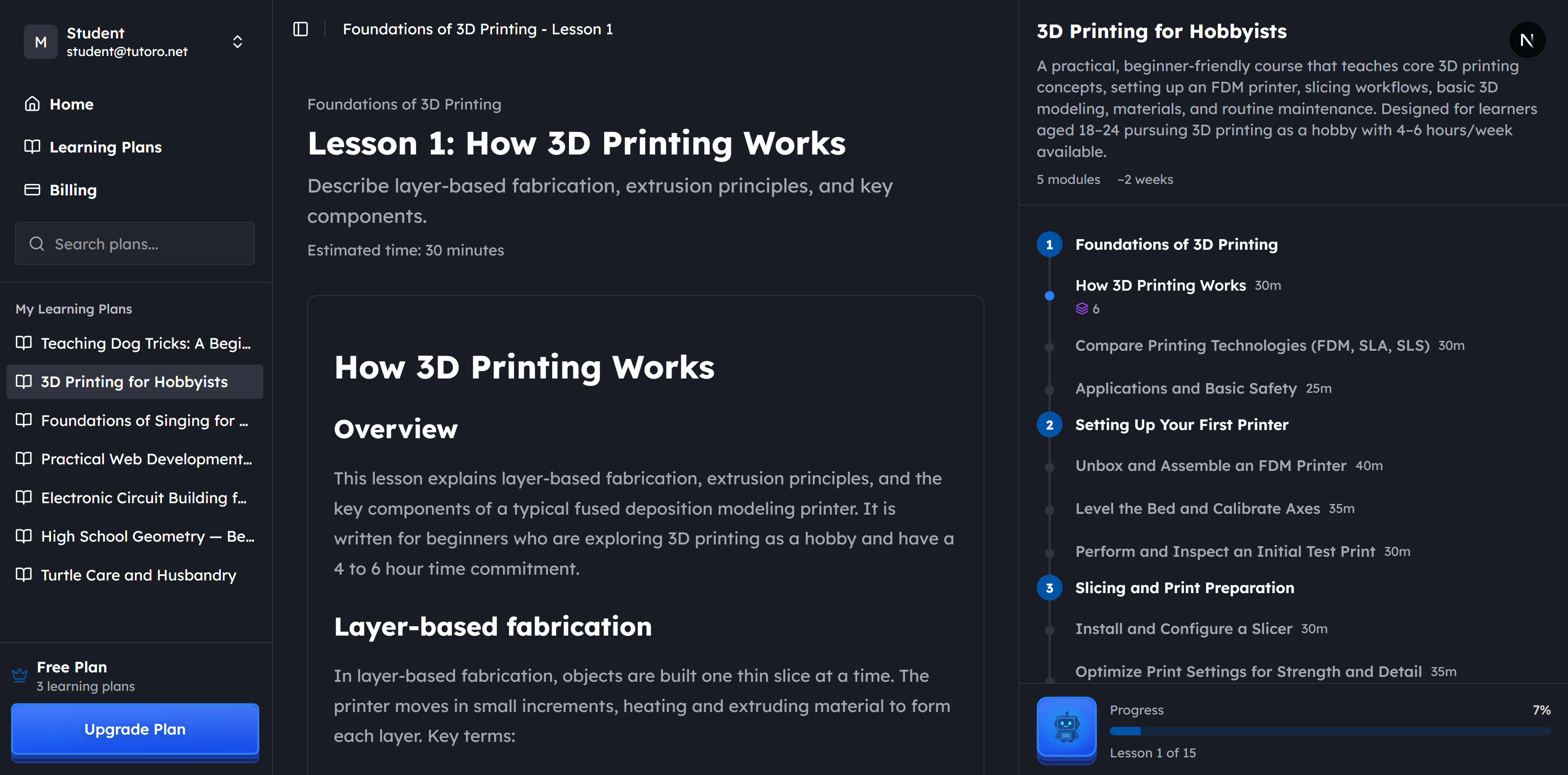 Tutoro dashboard screenshot showing learning plans and progress tracking